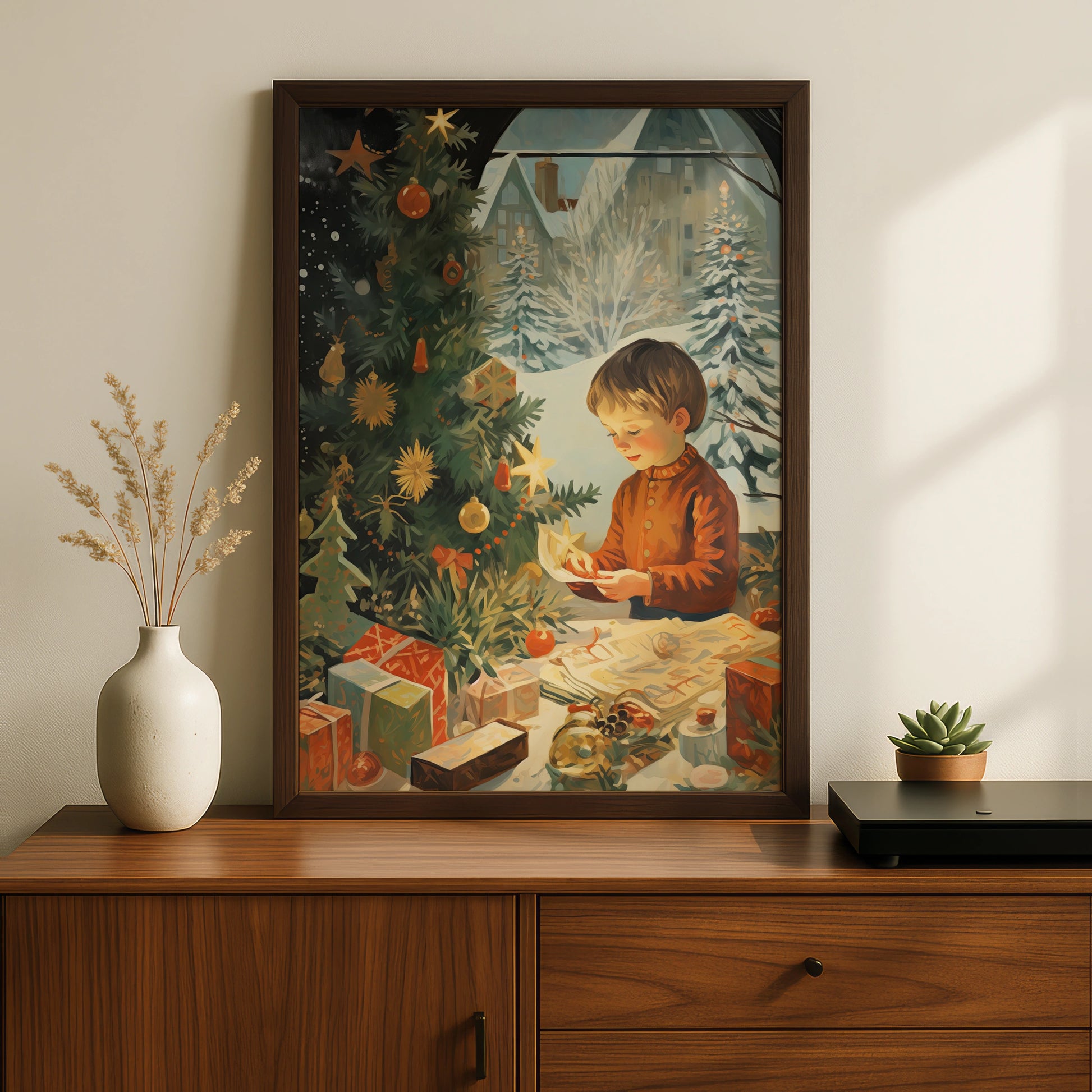 Vintage Christmas Poster, Child by Tree with Gifts, Retro Festive Wall Art Print