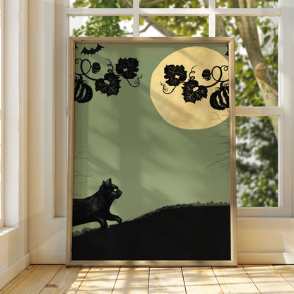 Halloween Black Cat Poster, Jack O Lantern Full Moon Wall Art, Spooky Pumpkin Print
