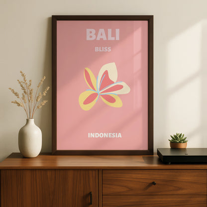 Bali Travel Poster Indonesia Wall Art, Frangipani Floral Print, Retro Tropical Decor