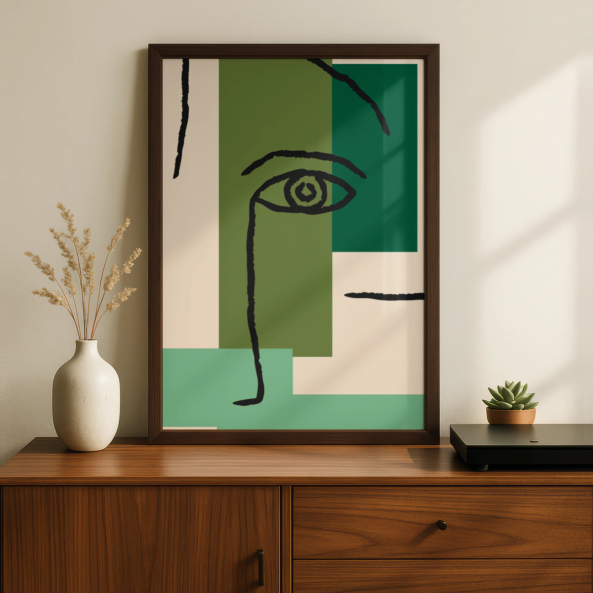 Maximalist Abstract Face Poster, Green Geometric Eye Wall Art, Modern Bold Print