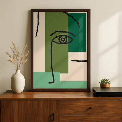Maximalist Abstract Face Poster, Green Geometric Eye Wall Art, Modern Bold Print
