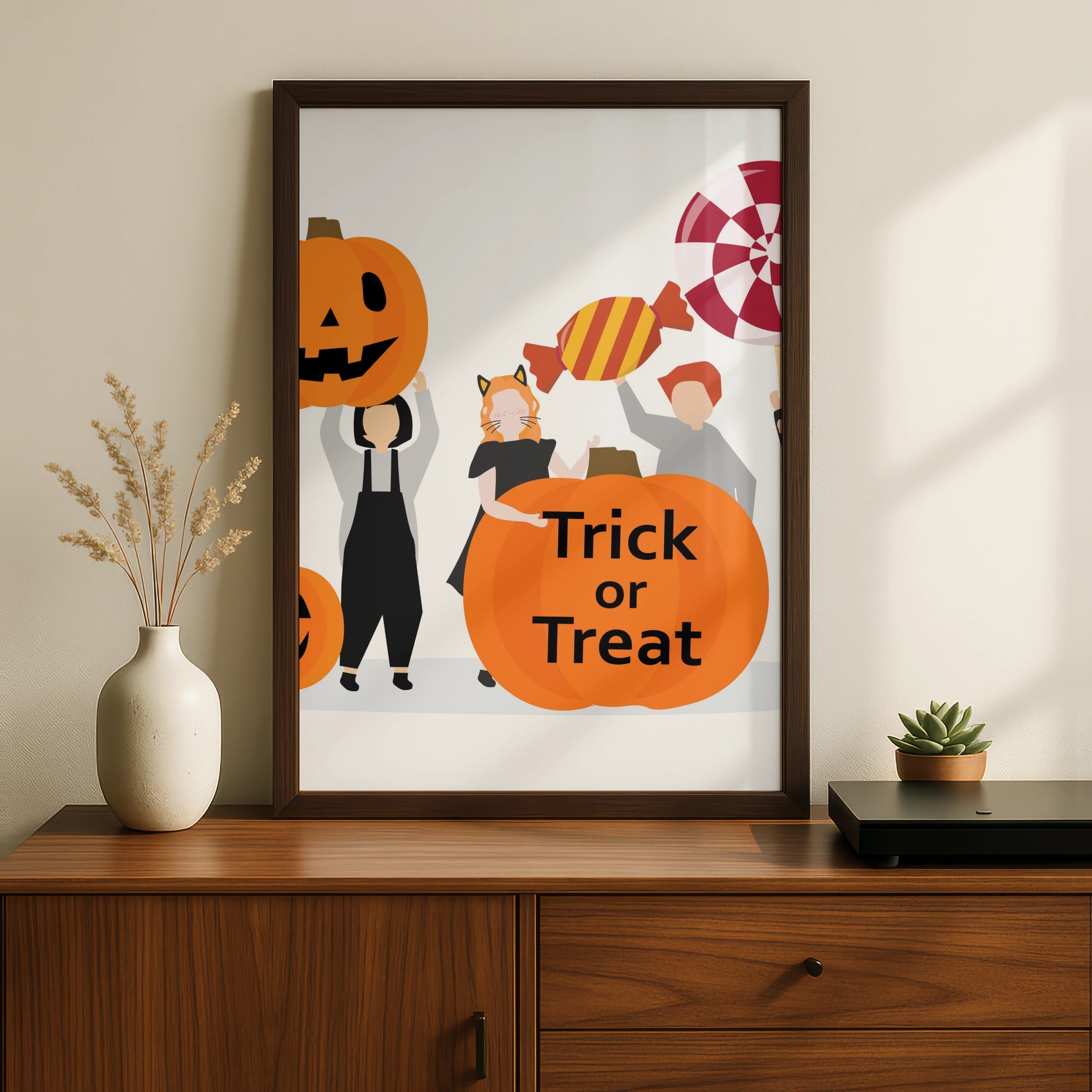 Trick or Treat Halloween Poster, Kids Costume Wall Art, Pumpkin Candy Print