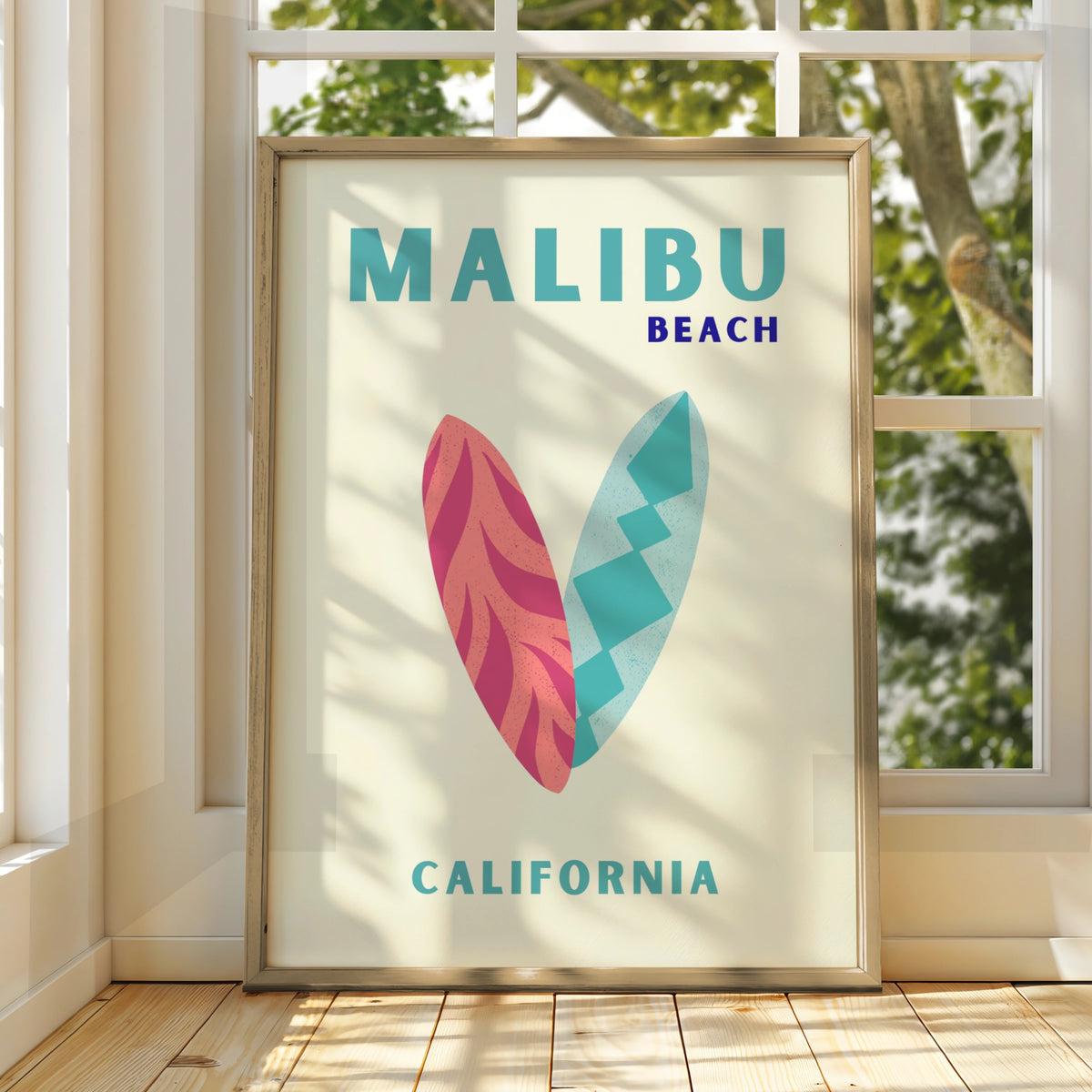 Malibu Beach California Travel Poster, Retro Surf Wall Art, Coastal Print Gift