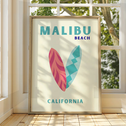 Malibu Beach California Travel Poster, Retro Surf Wall Art, Coastal Print Gift