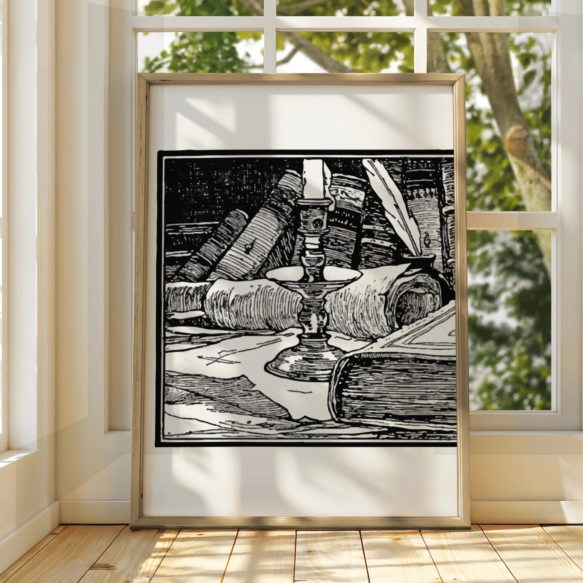 Halloween Witch Study Poster, Dark Academia Candle Books Wall Art, Gothic Black White Print