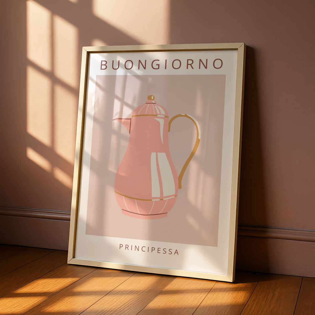 Buongiorno Principessa Coffee Pot Poster, Pink Kitchen Wall Art, Italian maximalist print