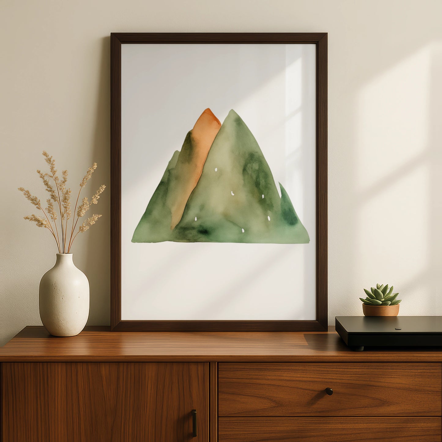 Watercolour Mountain Nursery Wall Art, Green Orange Nature Print, Kids Room Poster
