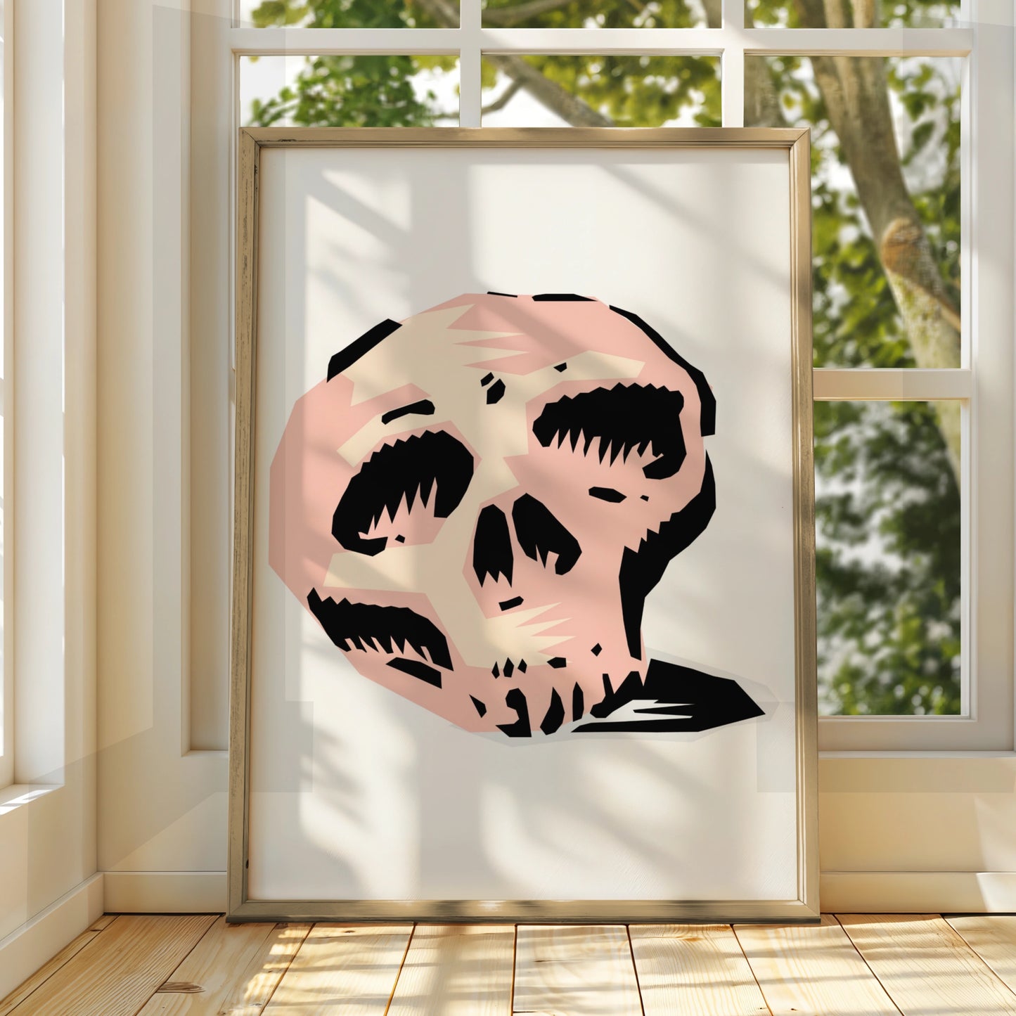 Halloween Skull Poster, Spooky Skull Wall Art, Pink Black Graphic Horror Print, Gothic Decor