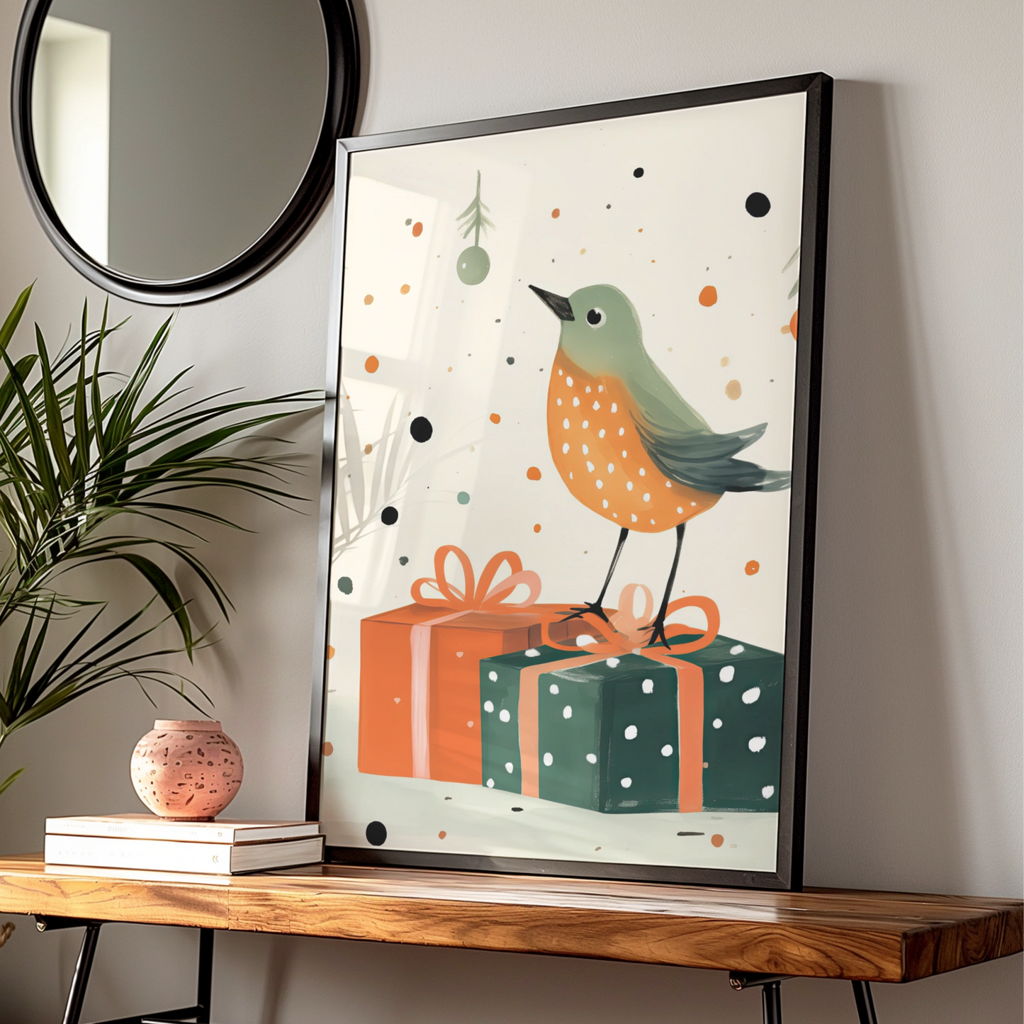 Christmas Robin Poster, Festive Bird Wall Art, Cute Xmas Gift Print, Green Orange Illustrated