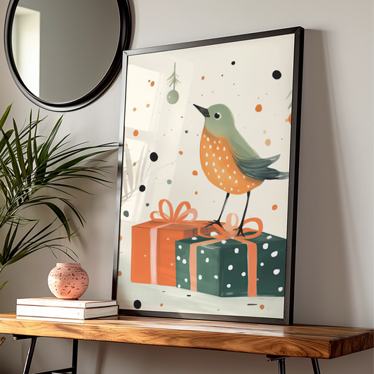 Christmas Robin Poster, Festive Bird Wall Art, Cute Xmas Gift Print, Green Orange Illustrated