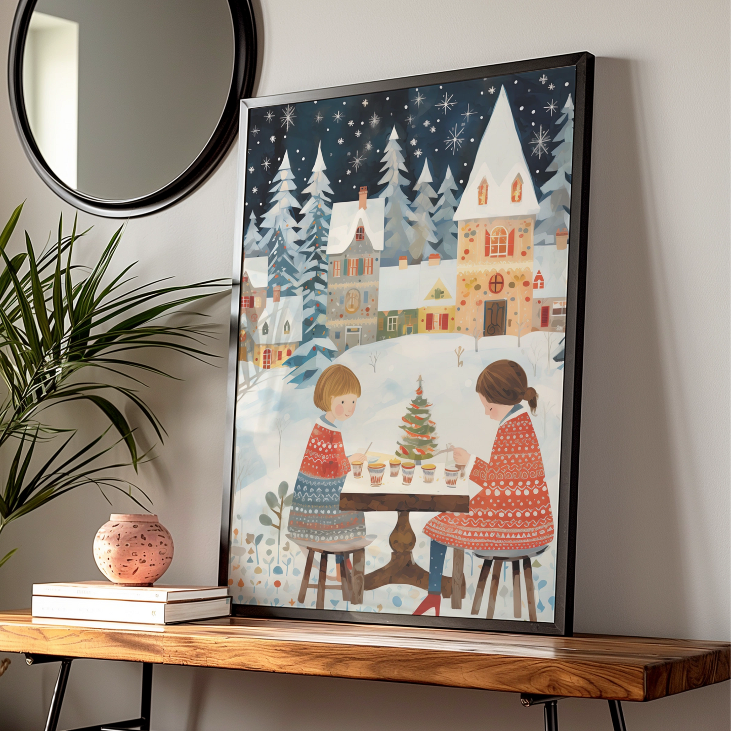 Christmas Village Poster, Festive Winter Scene, Children Holiday Wall Art, Snowy Xmas Print