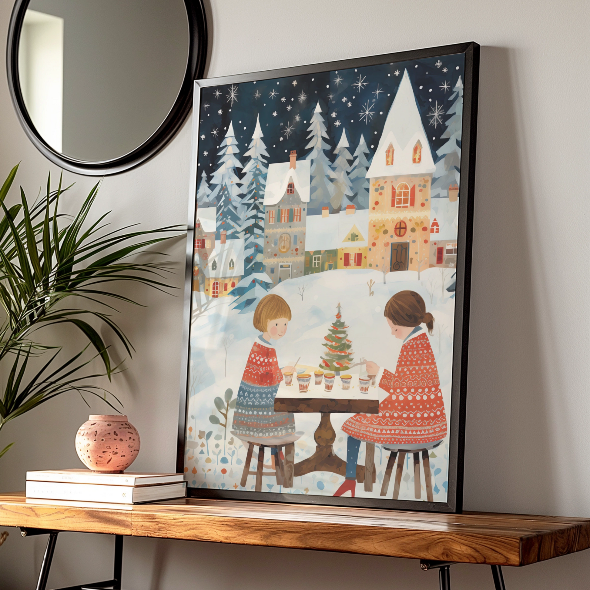 Christmas Village Poster, Festive Winter Scene, Children Holiday Wall Art, Snowy Xmas Print