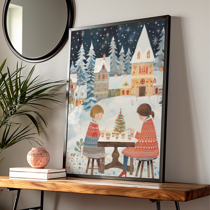 Christmas Village Poster, Festive Winter Scene, Children Holiday Wall Art, Snowy Xmas Print