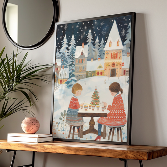 Christmas Village Poster, Festive Winter Scene, Children Holiday Wall Art, Snowy Xmas Print