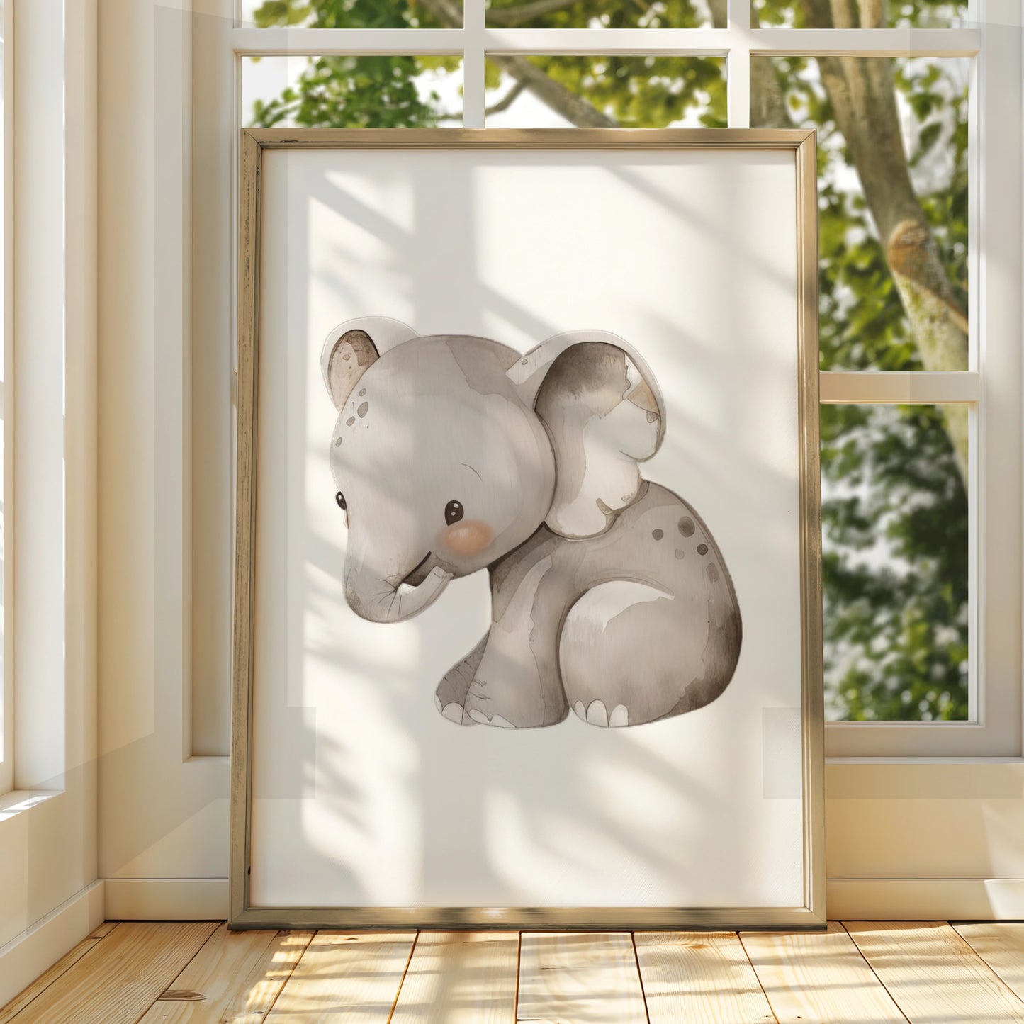 Baby Elephant Nursery Wall Art, Cute Safari Animal Poster, Grey Watercolour Print for Kids Room