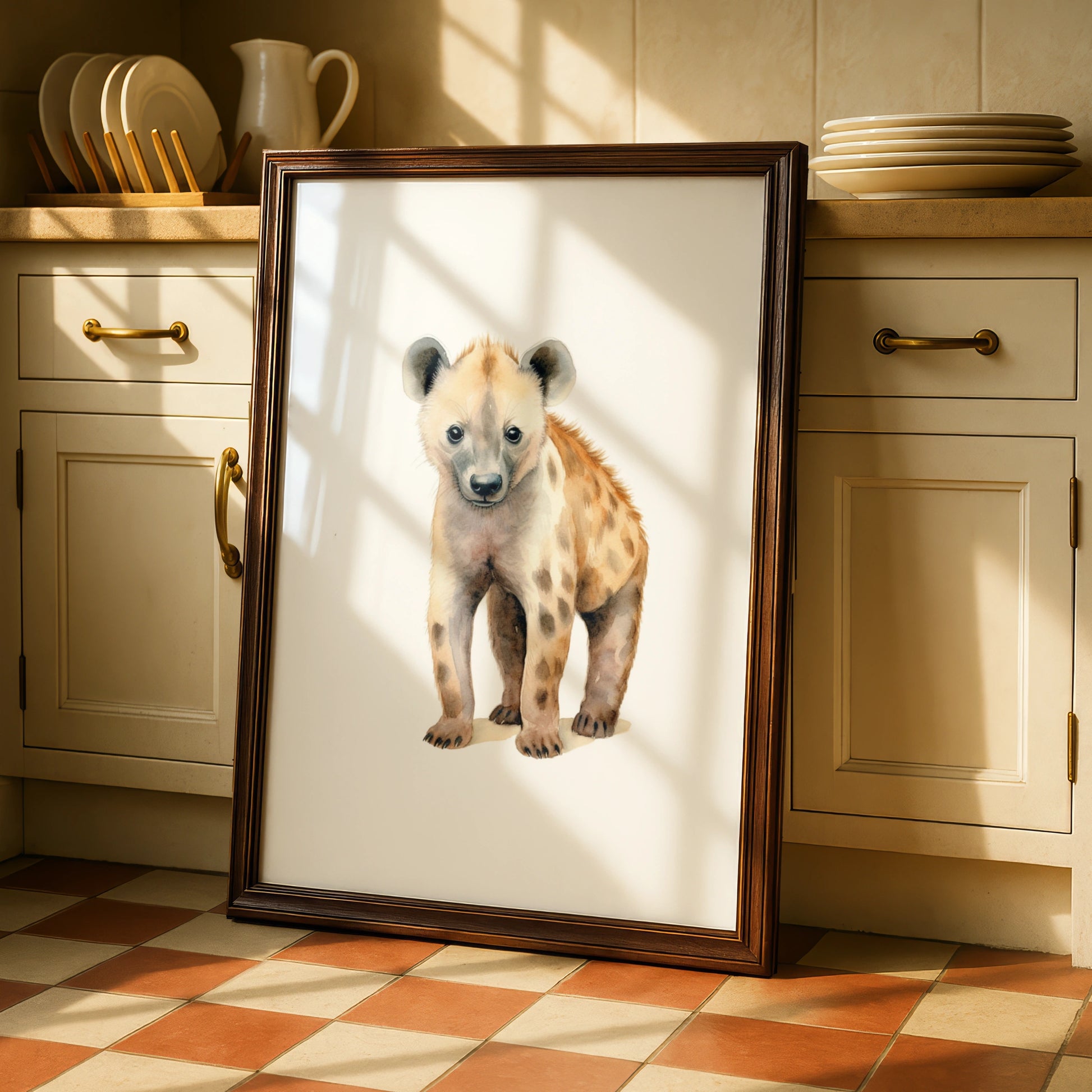 Baby Hyena Nursery Wall Art, Watercolour Safari Animal Print, Kids Room Poster