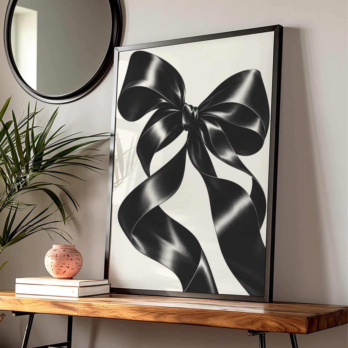 Black Satin Ribbon Bow Print, Monochrome Wall Art, Minimalist Poster, Modern Wall Decor — Digital Download