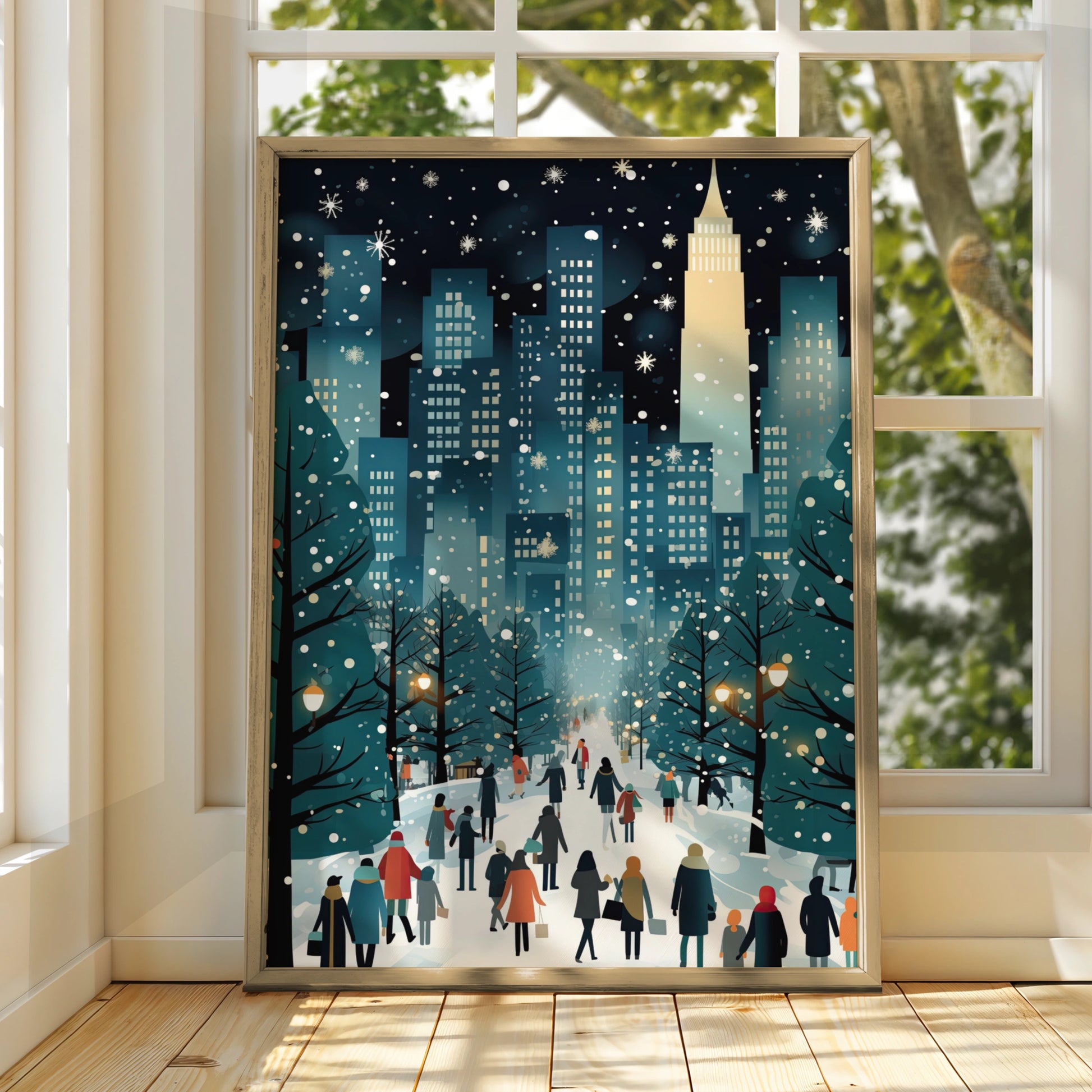 Christmas New York City Poster, Winter Snowy NYC Skyline Art, Festive Holiday Wall Decor Print