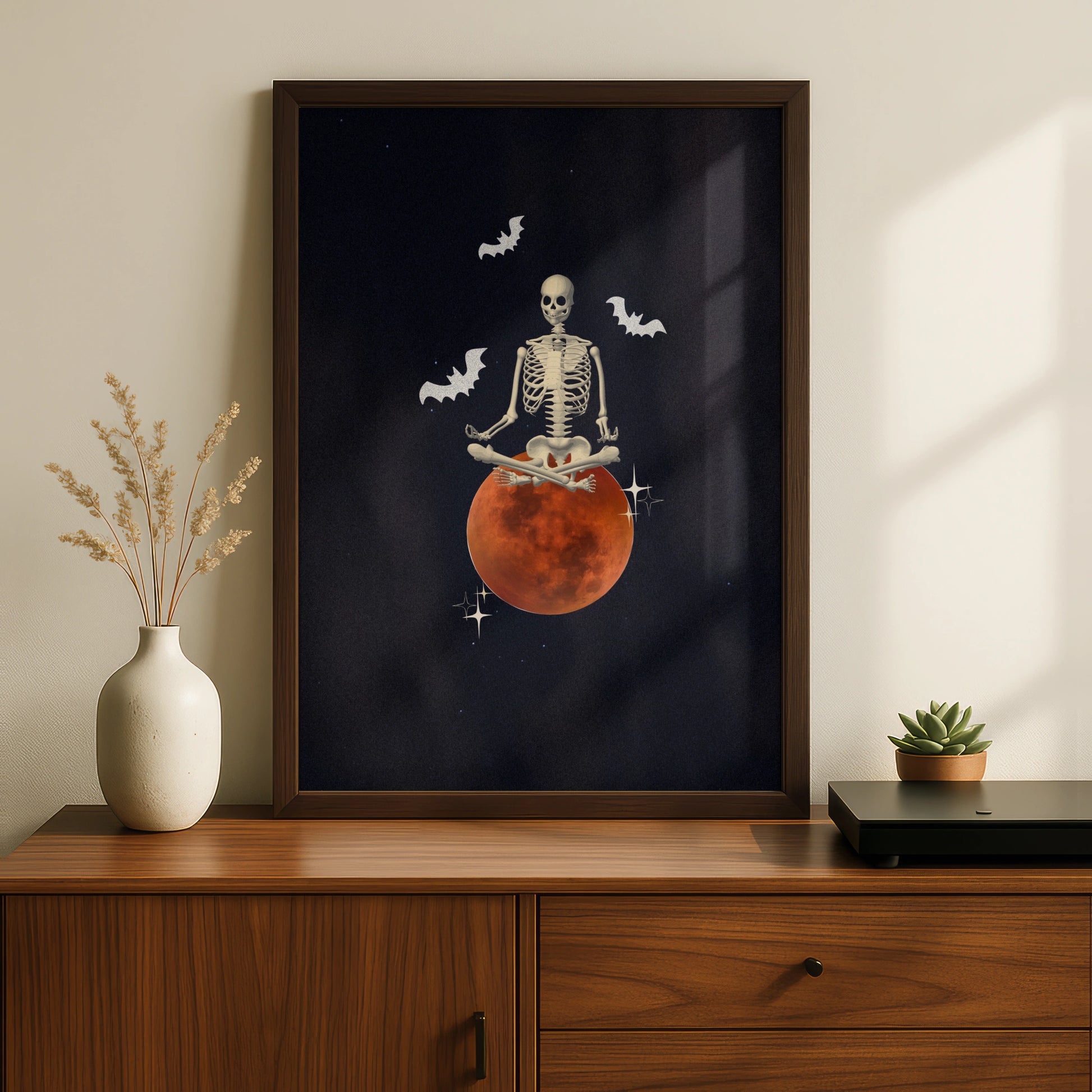 Halloween Skeleton Meditation Poster, Blood Moon Bat Wall Art, Spooky Gothic Print