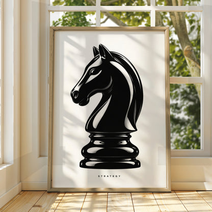 Chess Knight Strategy Print, Monochrome Wall Art, Black and White Minimalist Poster