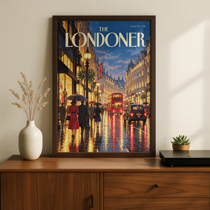 The Londoner Poster, London Street Wall Art, Rainy Evening Art Print, Red Bus Black Cab