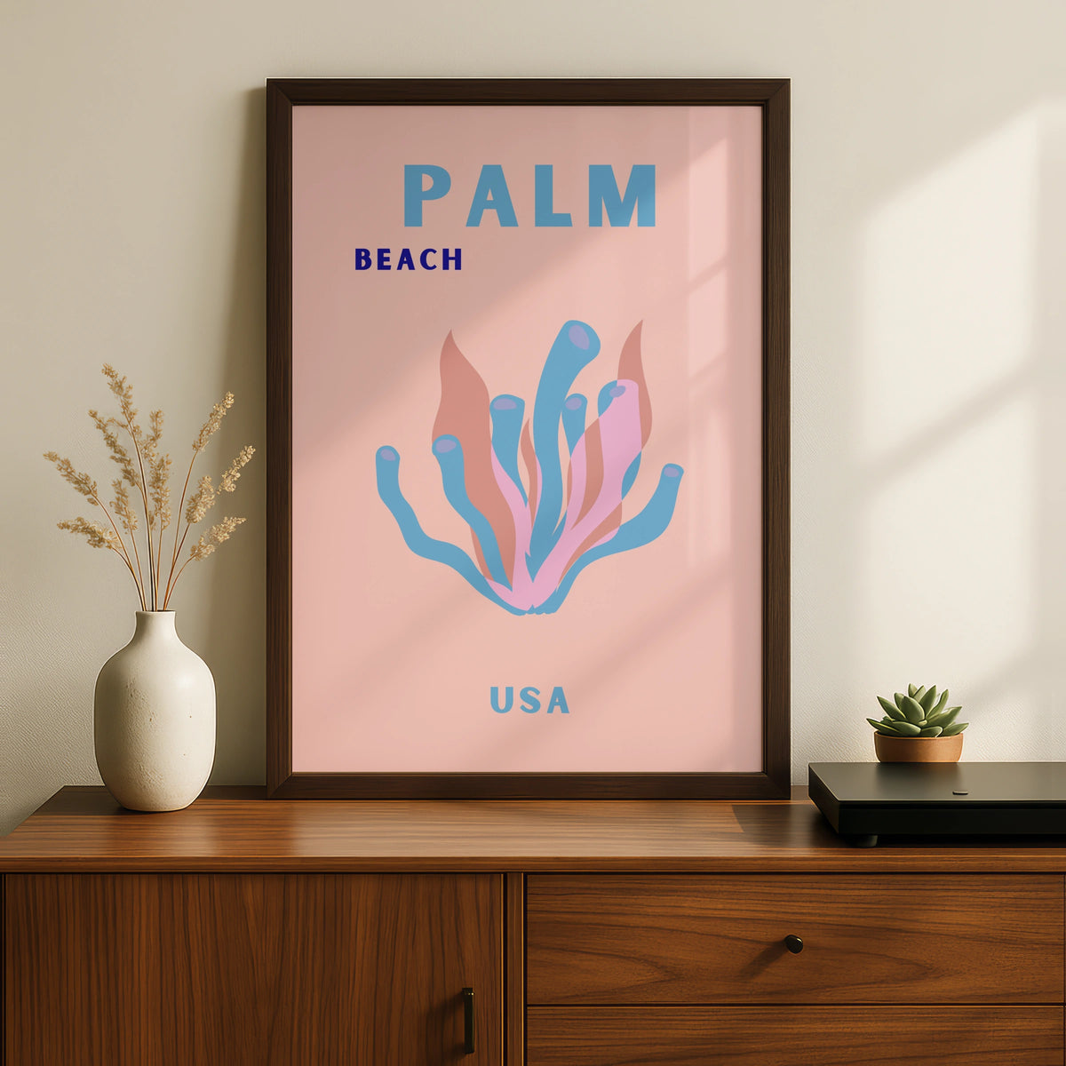 Palm Beach USA Travel Poster, Florida Wall Art, Retro Coral Print, Pastel Beach Decor