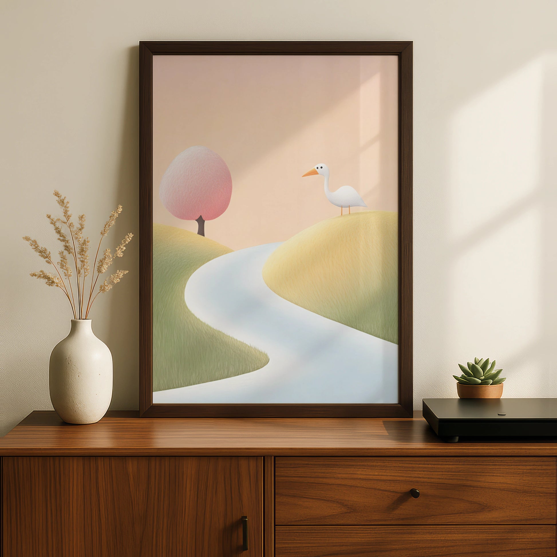 Nursery Wall Art White Bird Print, Pastel Landscape Poster, Baby Room Decor, Kids Room Art