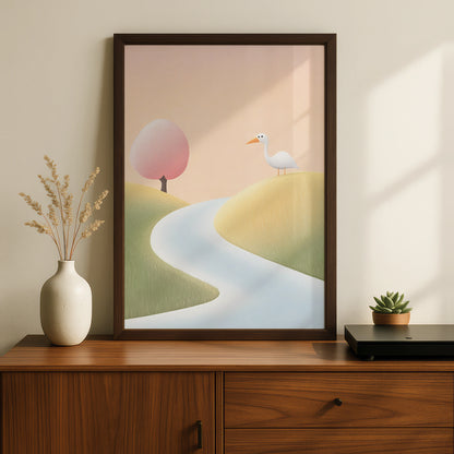 Nursery Wall Art White Bird Print, Pastel Landscape Poster, Baby Room Decor, Kids Room Art