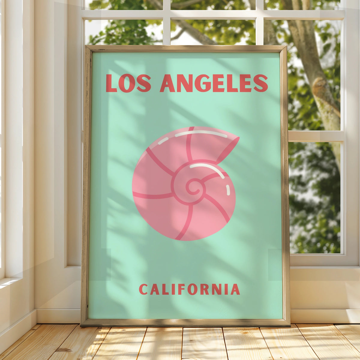 Los Angeles California Travel Poster, Retro Shell Wall Art, Mint Pink Coastal Print