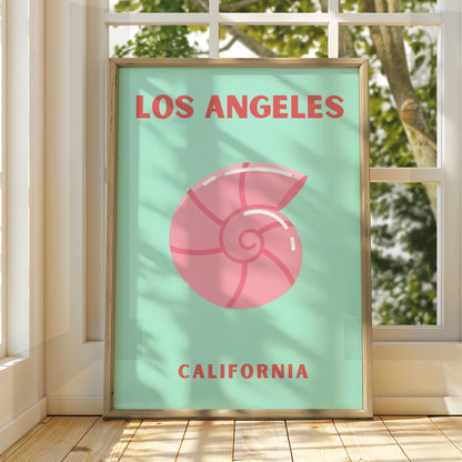 Los Angeles California Travel Poster, Retro Shell Wall Art, Mint Pink Coastal Print