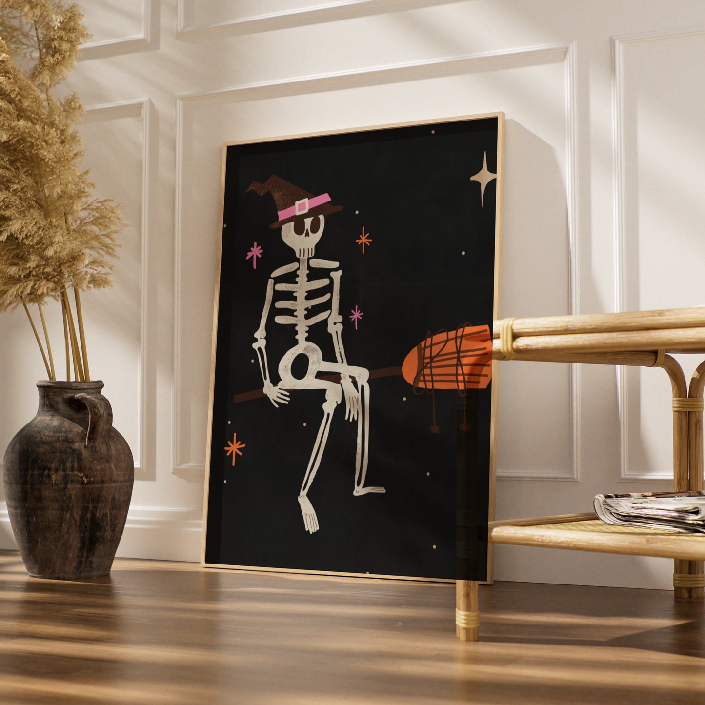 Halloween Skeleton Witch Hat Poster, Spooky Wall Art, Dark Retro Print, Pink Orange Decor