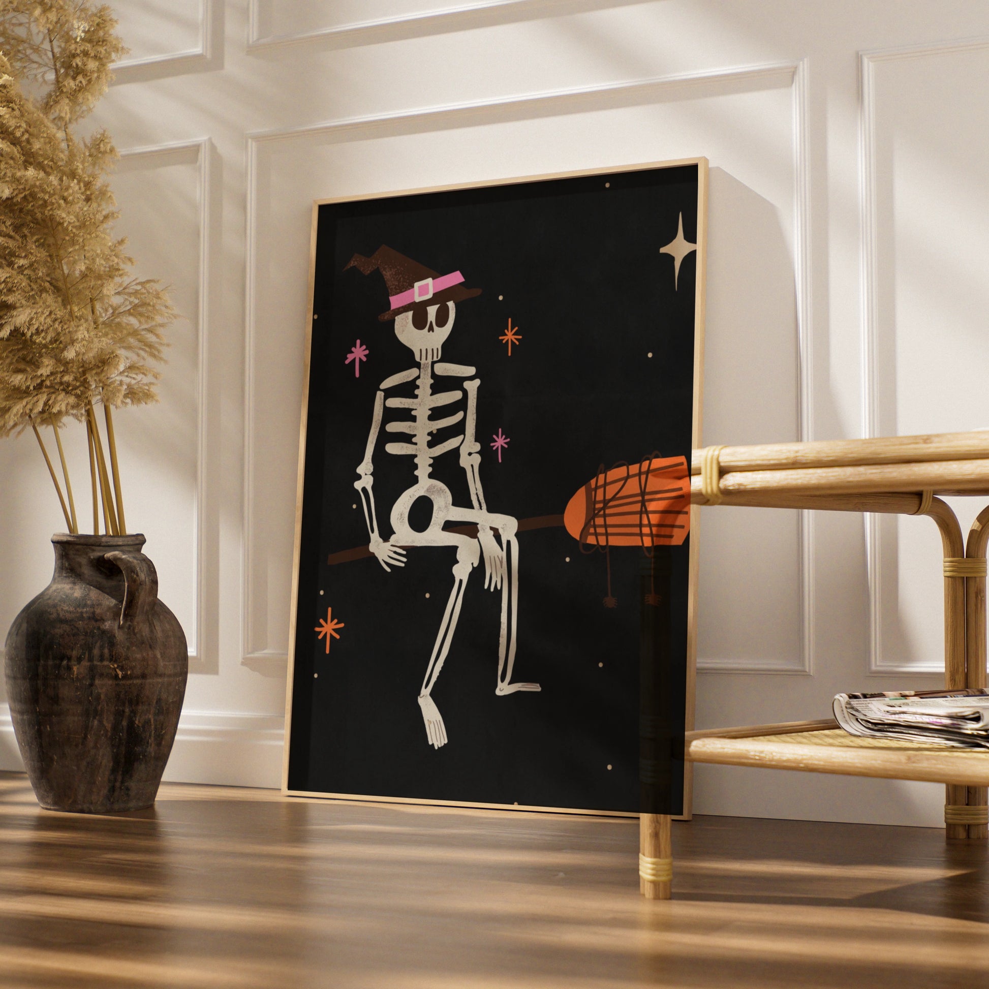 Halloween Skeleton Witch Hat Poster, Spooky Wall Art, Dark Retro Print, Pink Orange Decor