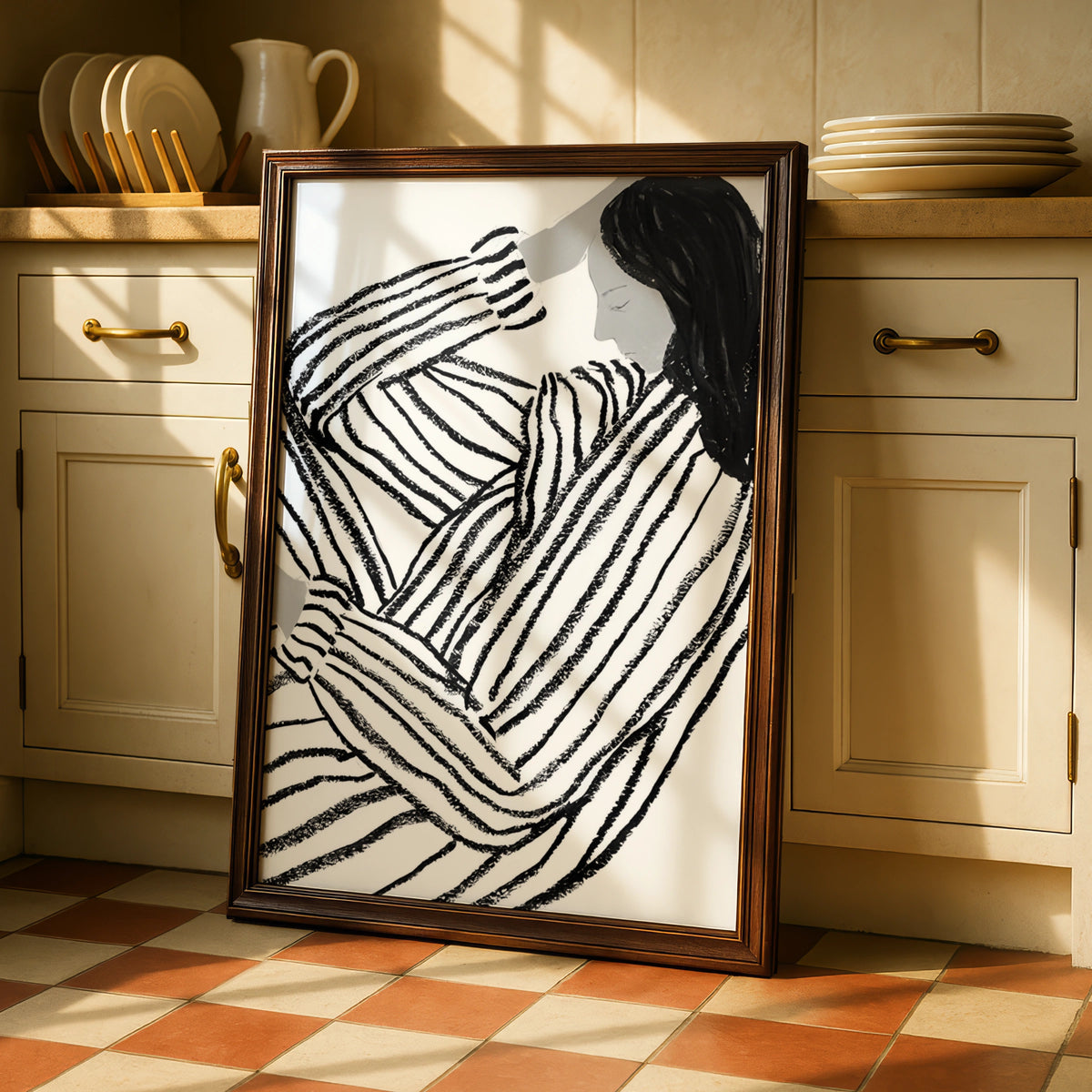 Striped Figure Woman Monochrome Wall Art, Black and White Poster, Minimalist Print