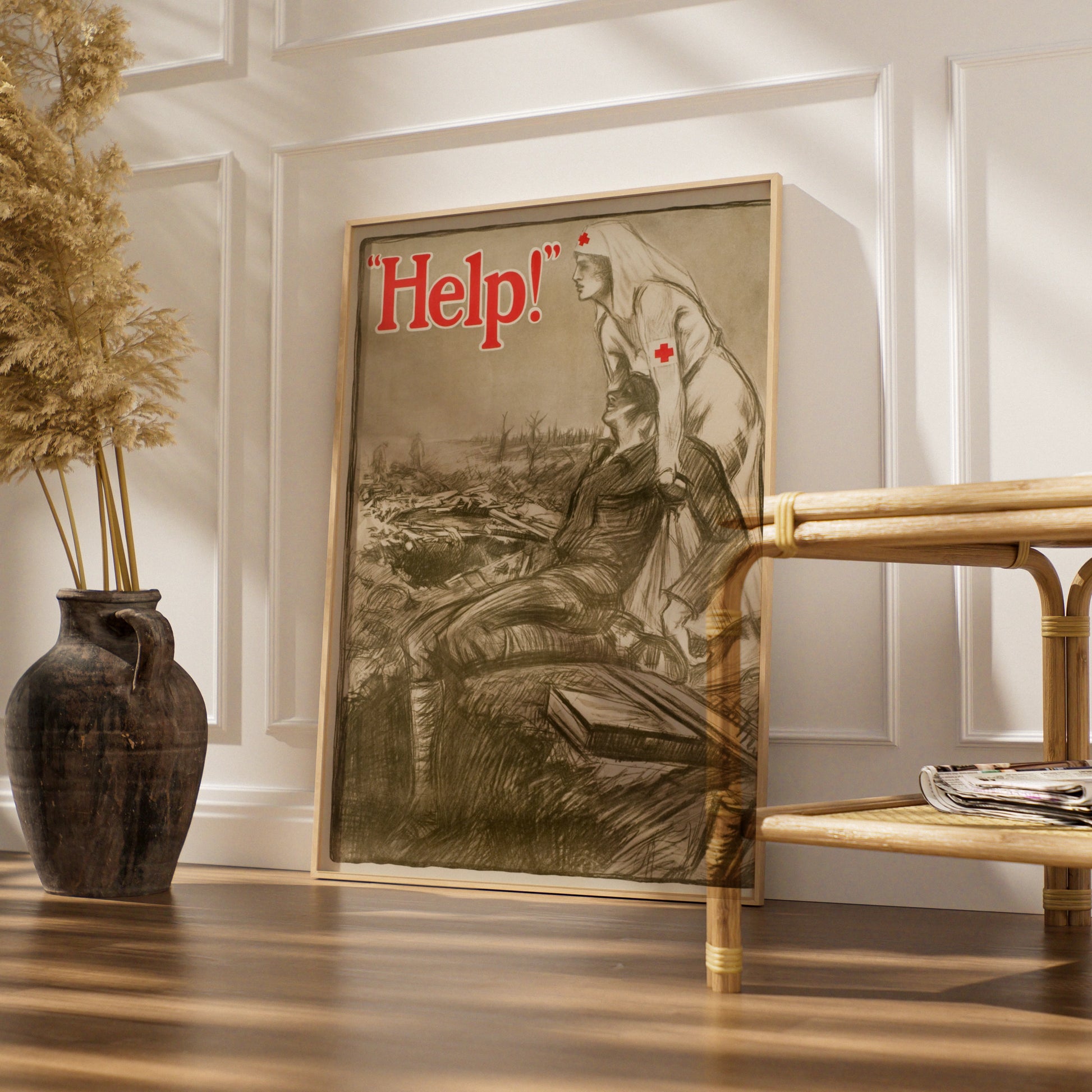 WWI Red Cross Nurse Help Poster, Vintage War Propaganda Wall Art Print, History