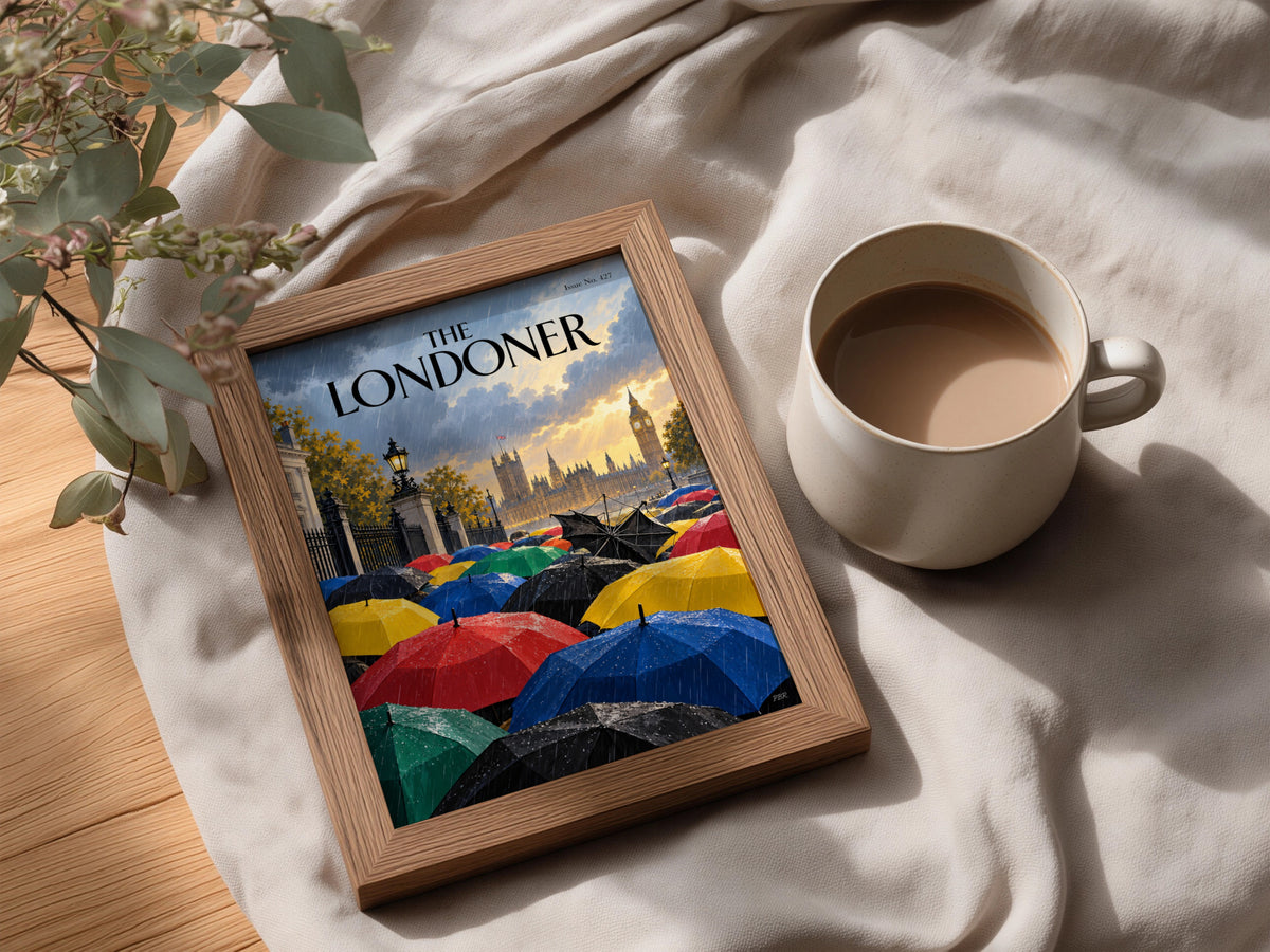 London Rainy Day Umbrellas Poster, Big Ben Westminster Wall Art, Colourful Magazine Cover Art Print