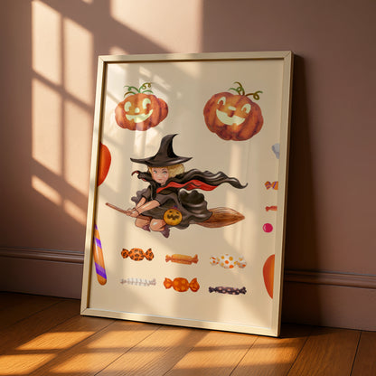 Halloween Witch Pumpkin Ghost Wall Art, Black Cat Candy Poster, Cute Spooky Print