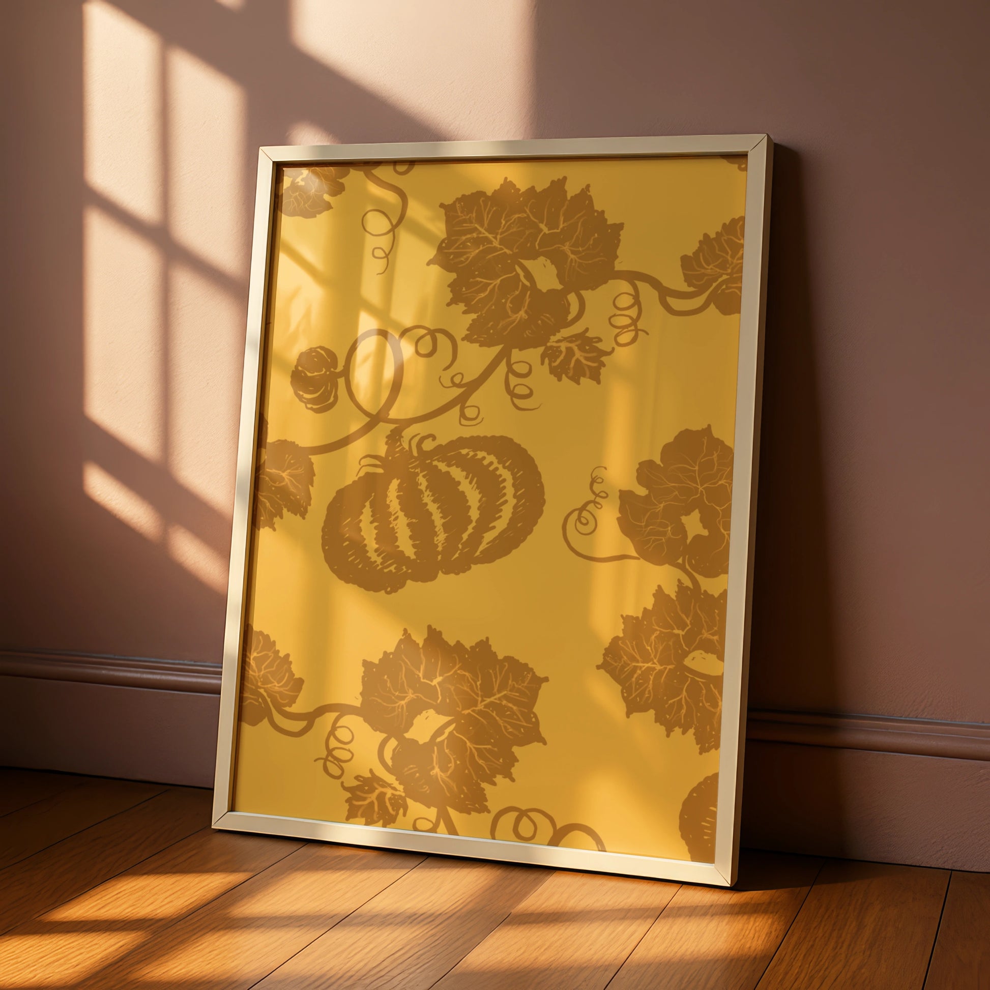 Halloween Pumpkin Vine Wall Art, Autumn Botanical Poster, Gold Orange Fall Decor Print