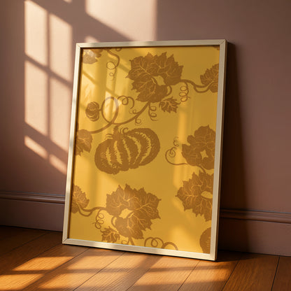 Halloween Pumpkin Vine Wall Art, Autumn Botanical Poster, Gold Orange Fall Decor Print