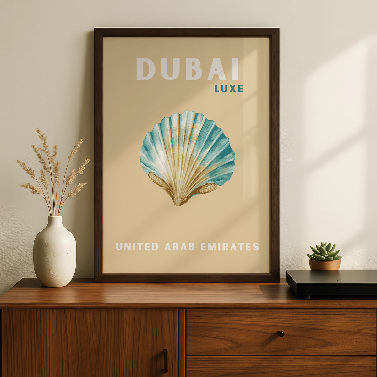 Dubai Travel Poster, UAE Wall Art, Retro Seashell Print, Coastal Teal Sand Decor