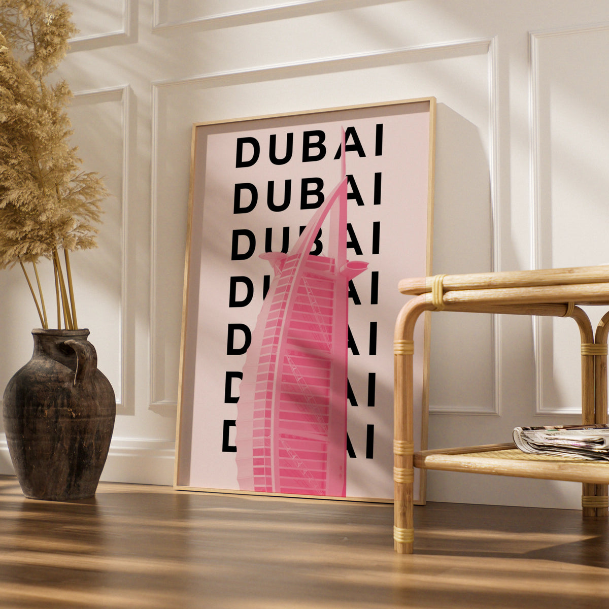Dubai Travel Poster, UAE City Wall Art, Pink Retro Print, Modern Architecture Decor