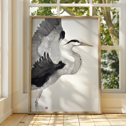 Heron Ink Art Print, Monochrome Wall Art, Black and White Bird Poster, Minimalist Print