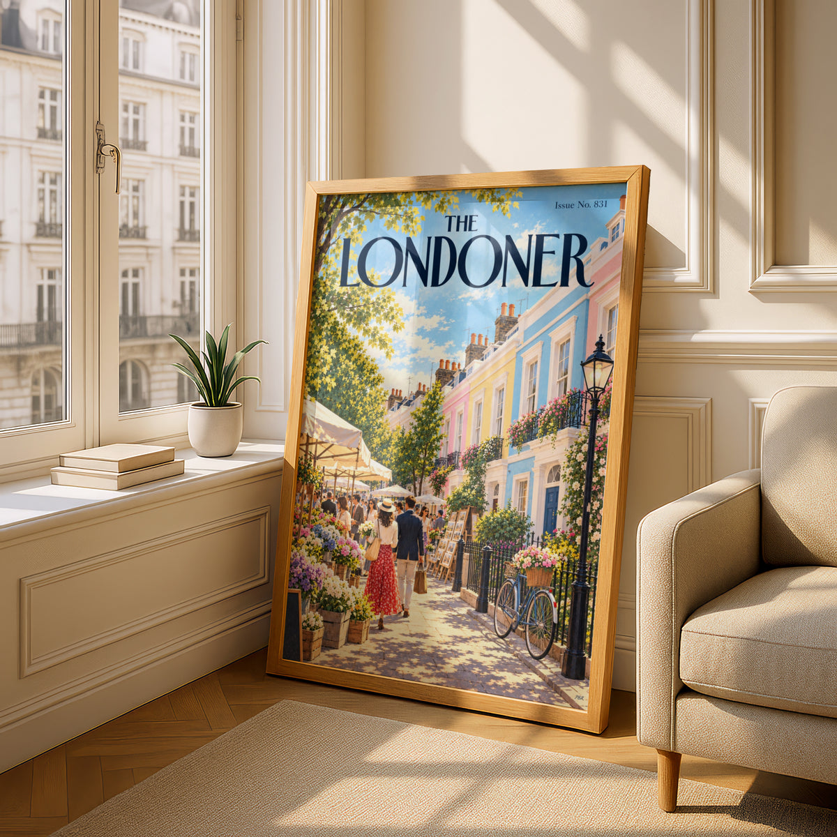 London Street Poster, Pastel Townhouses Flower Market Wall Art, Summer Illustrated Magazine Cover