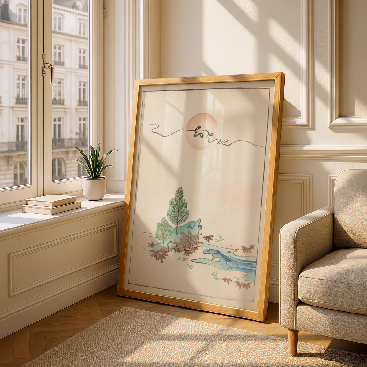 Japanese Wall Art, Vintage Bijutsukai Woodblock Print, Minimalist Rising Sun Poster – A5 Oak frame