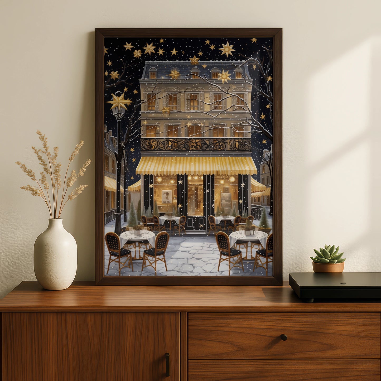 Christmas Paris Cafe Poster, Festive Winter Street Art Print, Gold Stars Snow