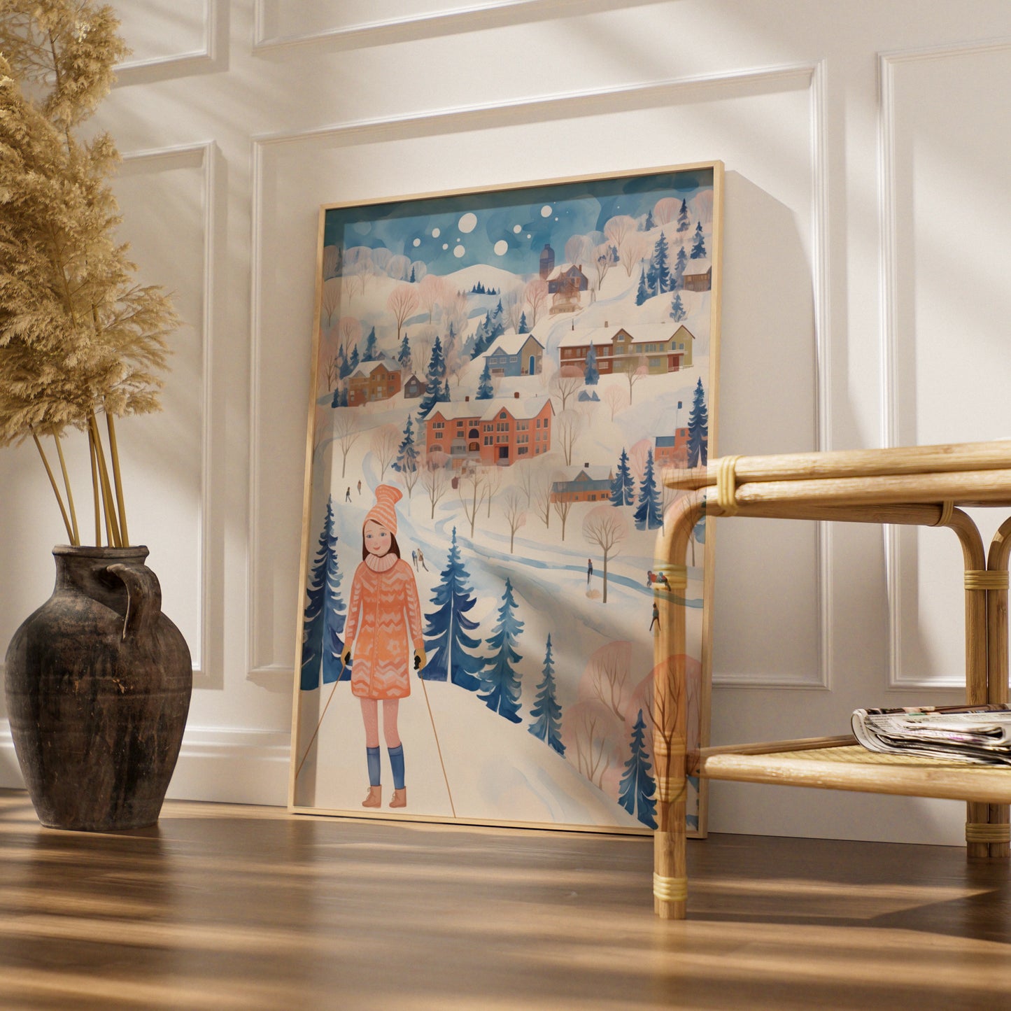 Christmas Winter Village Poster, Ski Girl Snow Scene, Festive Wall Art, Blue Pink Nordic Print