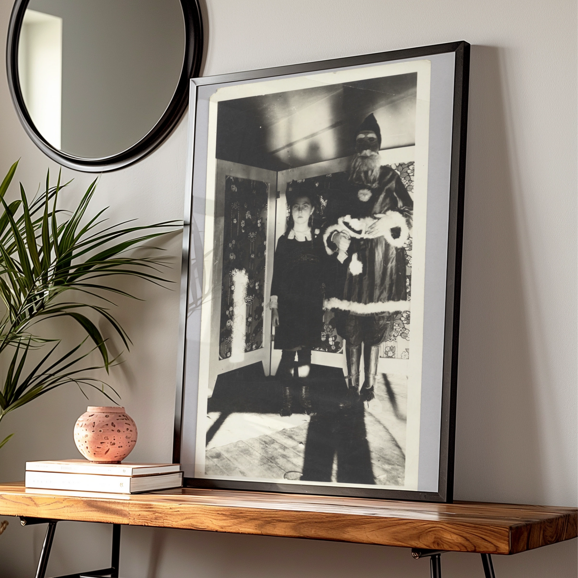Creepy Halloween Vintage Photo Poster, Spooky Masked Figure Black White Wall Art