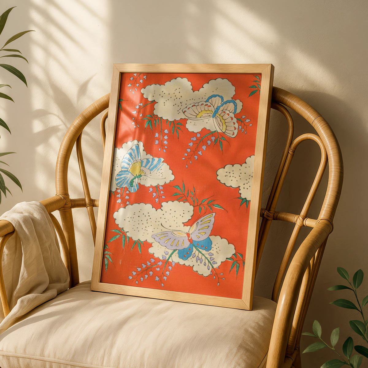 Japanese Butterfly Wall Art, Vintage Woodblock Print, Floral Japandi Poster, Orange Botanical – A5 White frame