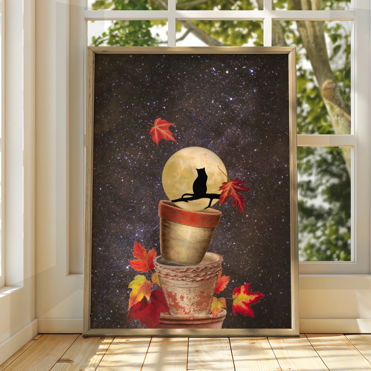 Halloween Black Cat Full Moon Poster, Autumn Leaves Night Sky Wall Art Print