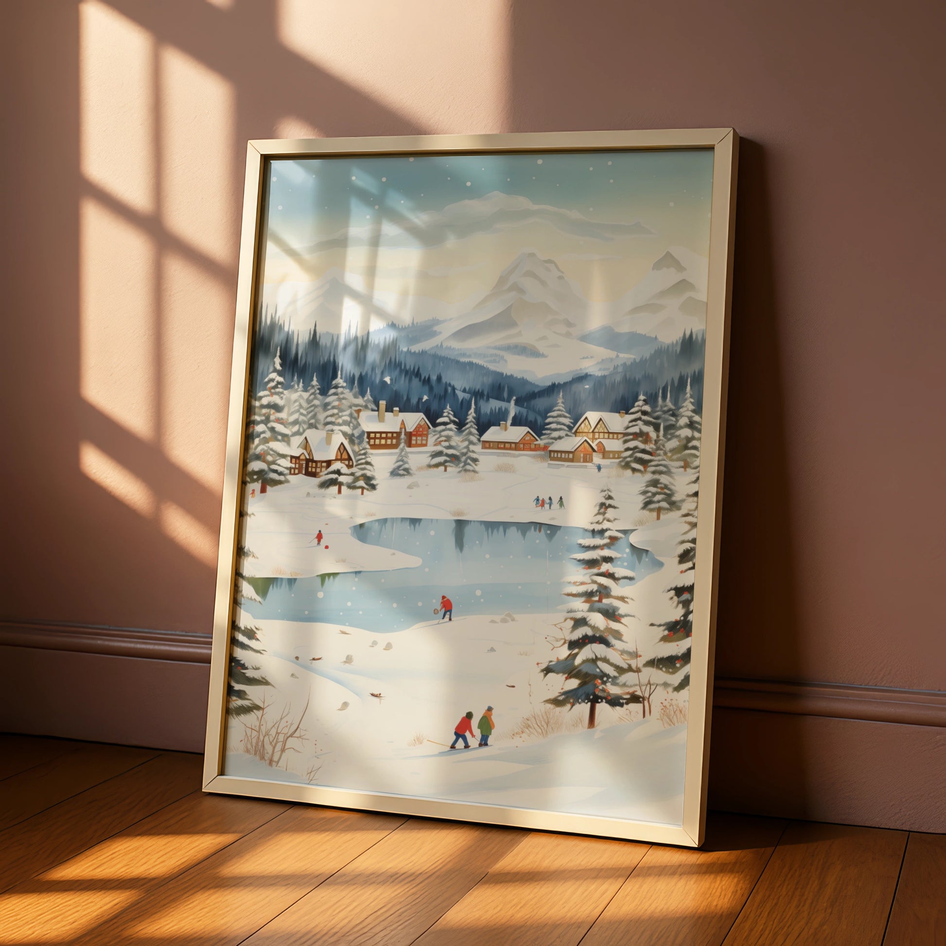 Christmas Winter Village Poster, Snowy Mountain Scene, Festive Wall Art, Holiday Home Decor Print