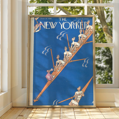 The New Yorker 1926 Rowing Cover Poster, Vintage Art Deco Blue Wall Art Print